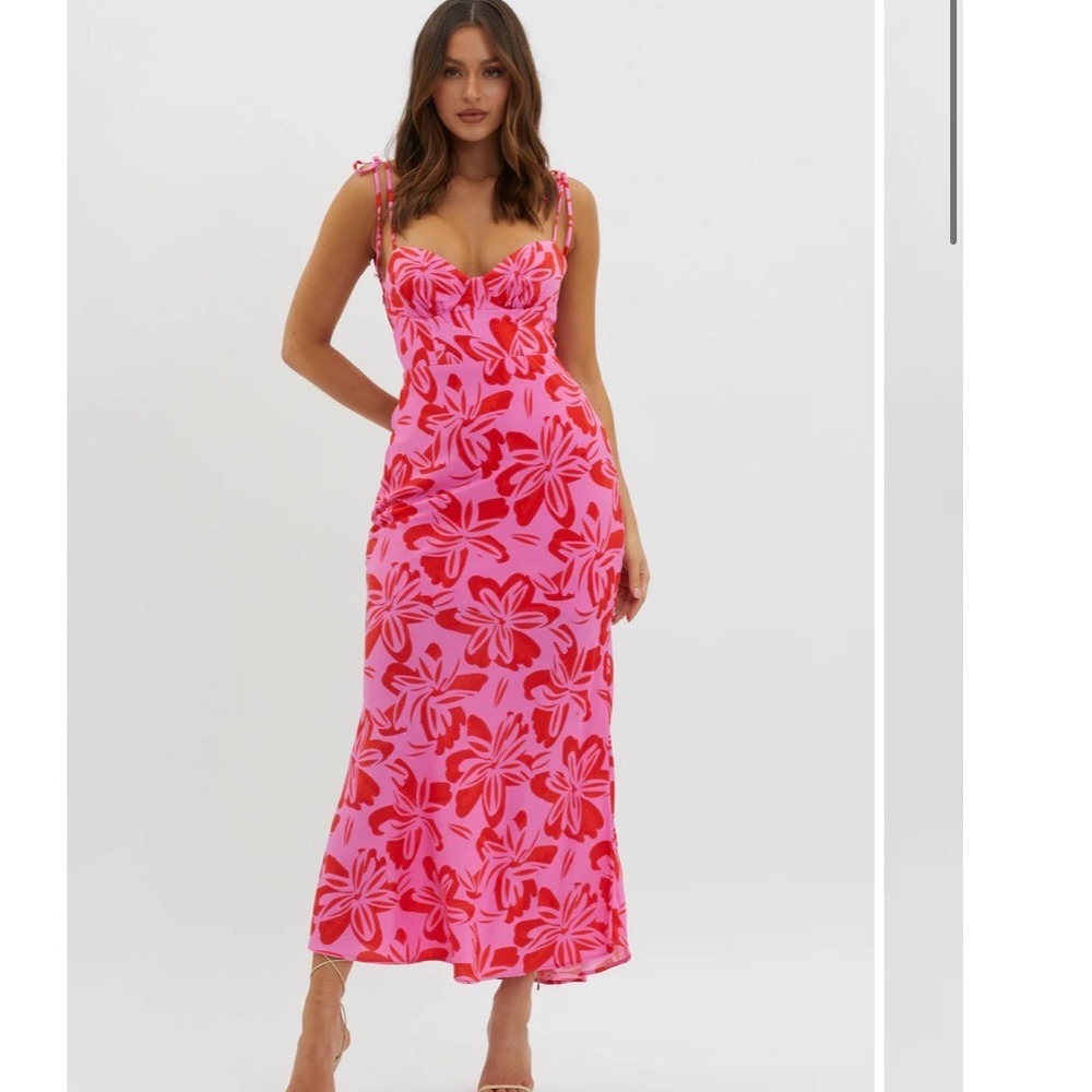 Saints & Secrets Pink Red Floral Midi Dress Tie Strap Bustier XL Rayon